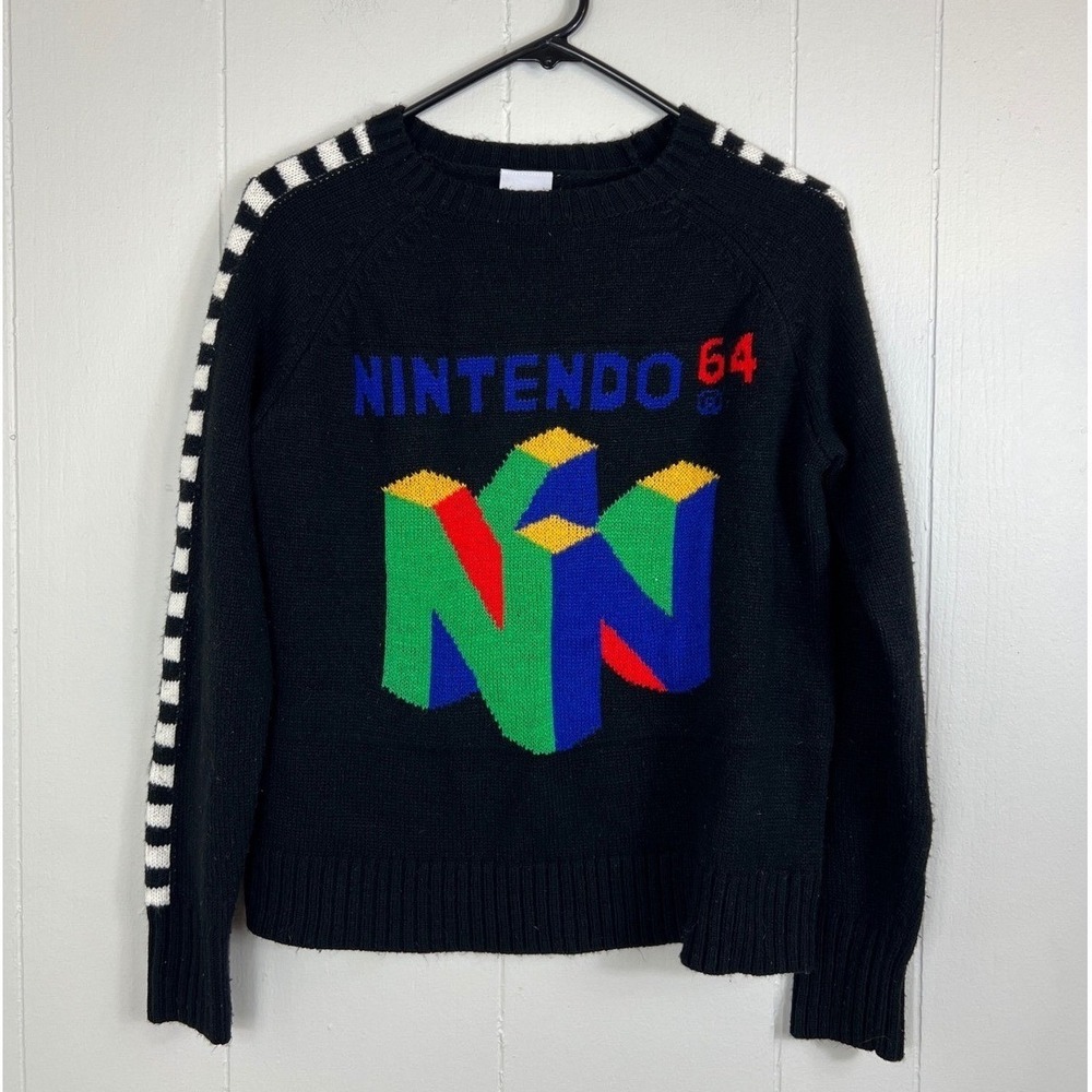 Nintendo 64 Graphic Knit Sweater Size S Black Striped Sleeves Retro Gaming N64‎